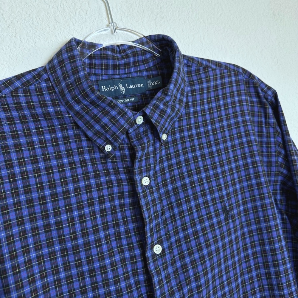 Y2K Ralph Lauren Men XXL Custom Fit Plaid Button Down Shirt Blue‎ Black Preppy